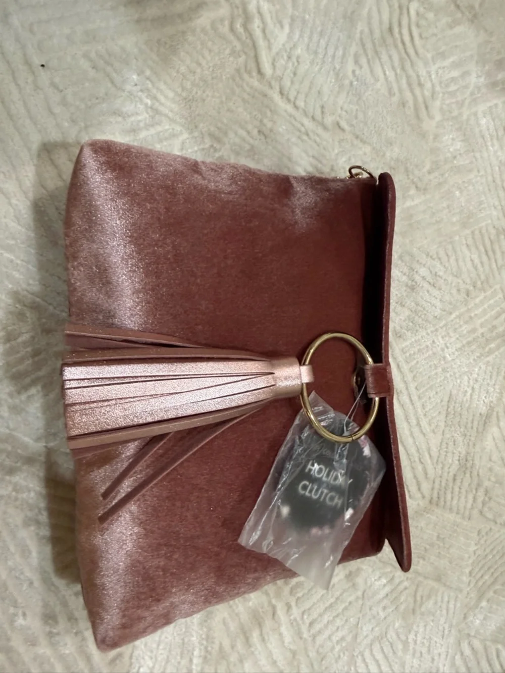 Fashion Bug Mauve Velvet Tassel Clutch – Gold Ring Handle – Like New